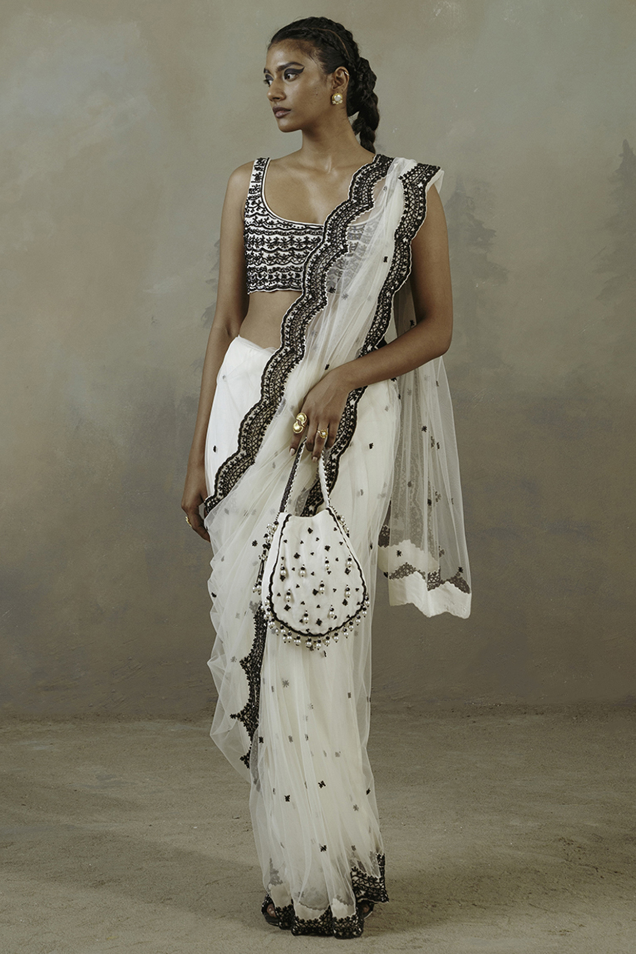 Ivory & Ebony Net Embroidered Wedding Saree Set by Sureena Chowdhri at Pernia's Pop Up Shop
