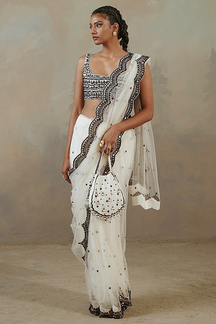 Ivory & Ebony Net Embroidered Wedding Saree Set by Sureena Chowdhri at Pernia's Pop Up Shop