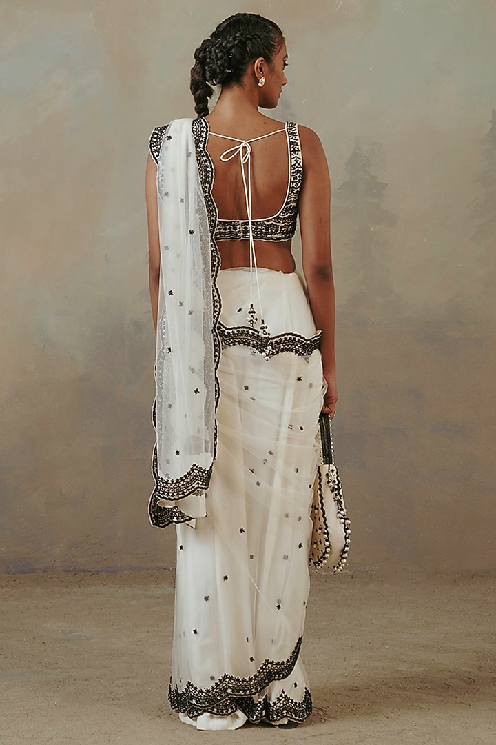 Ivory & Ebony Net Embroidered Wedding Saree Set by Sureena Chowdhri at Pernia's Pop Up Shop