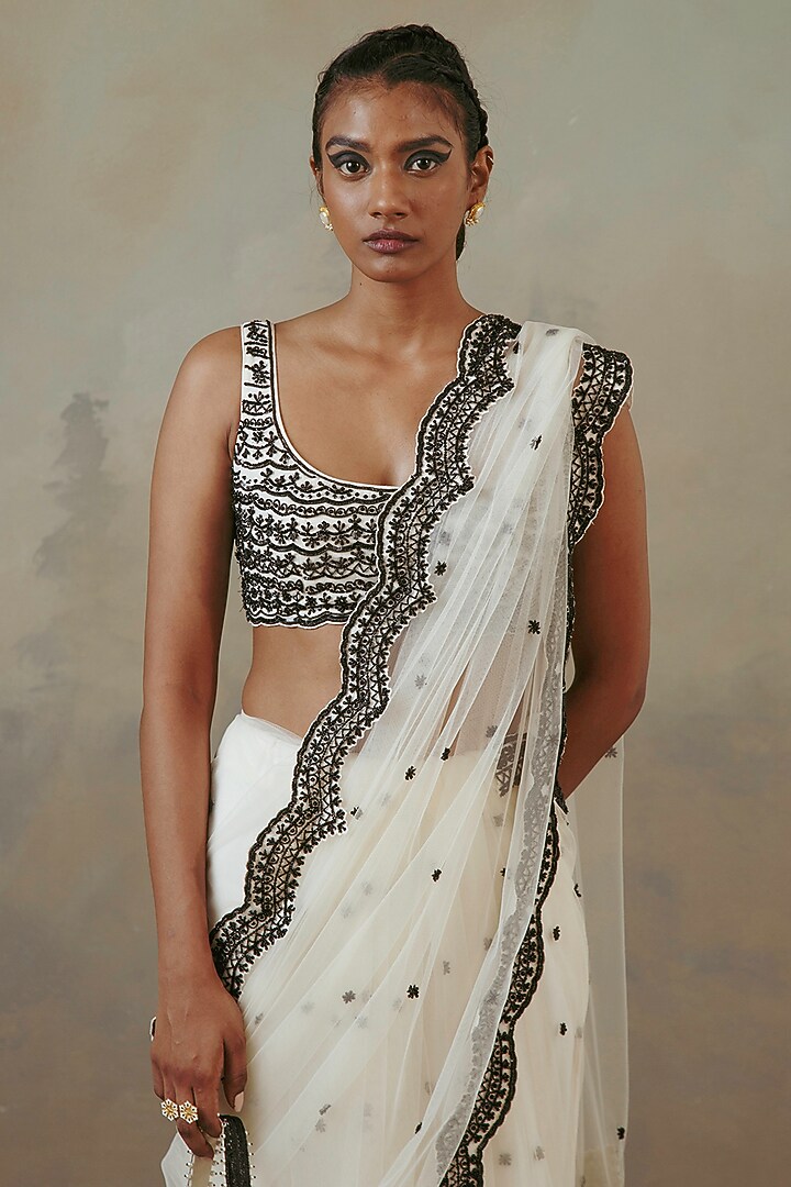 Ivory & Ebony Net Embroidered Wedding Saree Set by Sureena Chowdhri at Pernia's Pop Up Shop