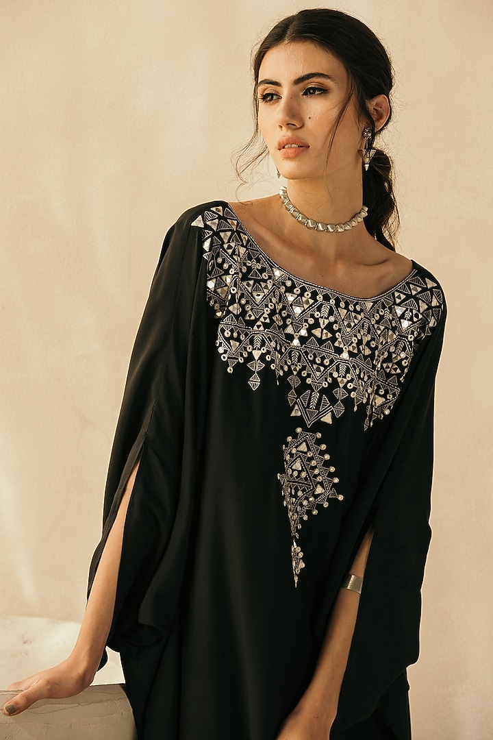 Midnight Black Muslin Embroidered Kaftan by Sureena Chowdhri at Pernia's Pop Up Shop