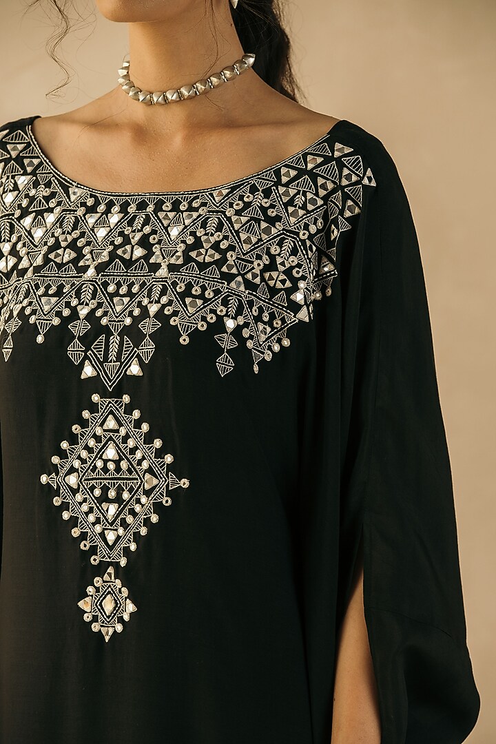 Midnight Black Muslin Embroidered Kaftan by Sureena Chowdhri at Pernia's Pop Up Shop
