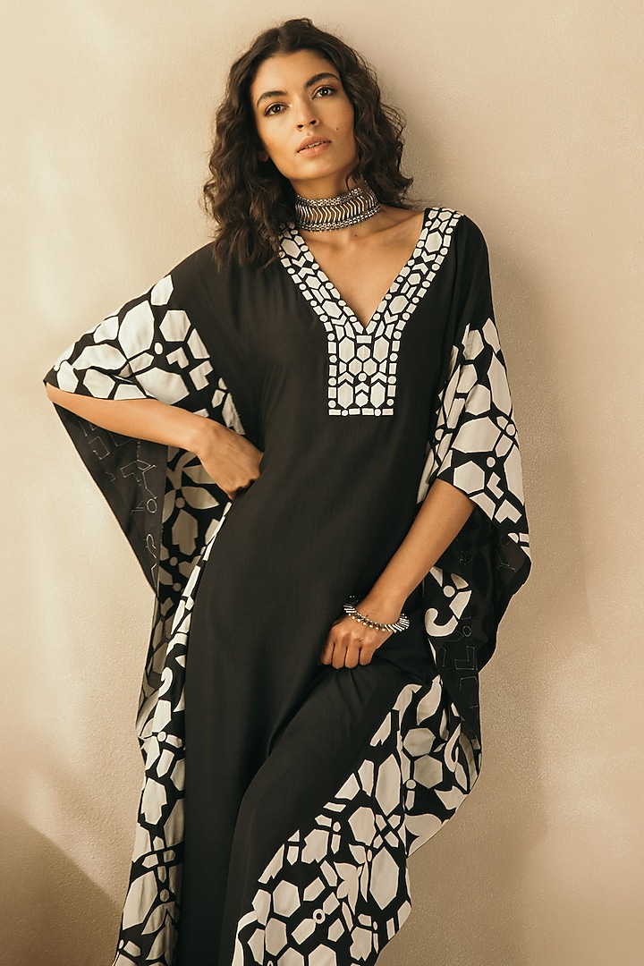 Midnight Black Muslin Embroidered Kaftan by Sureena Chowdhri at Pernia's Pop Up Shop