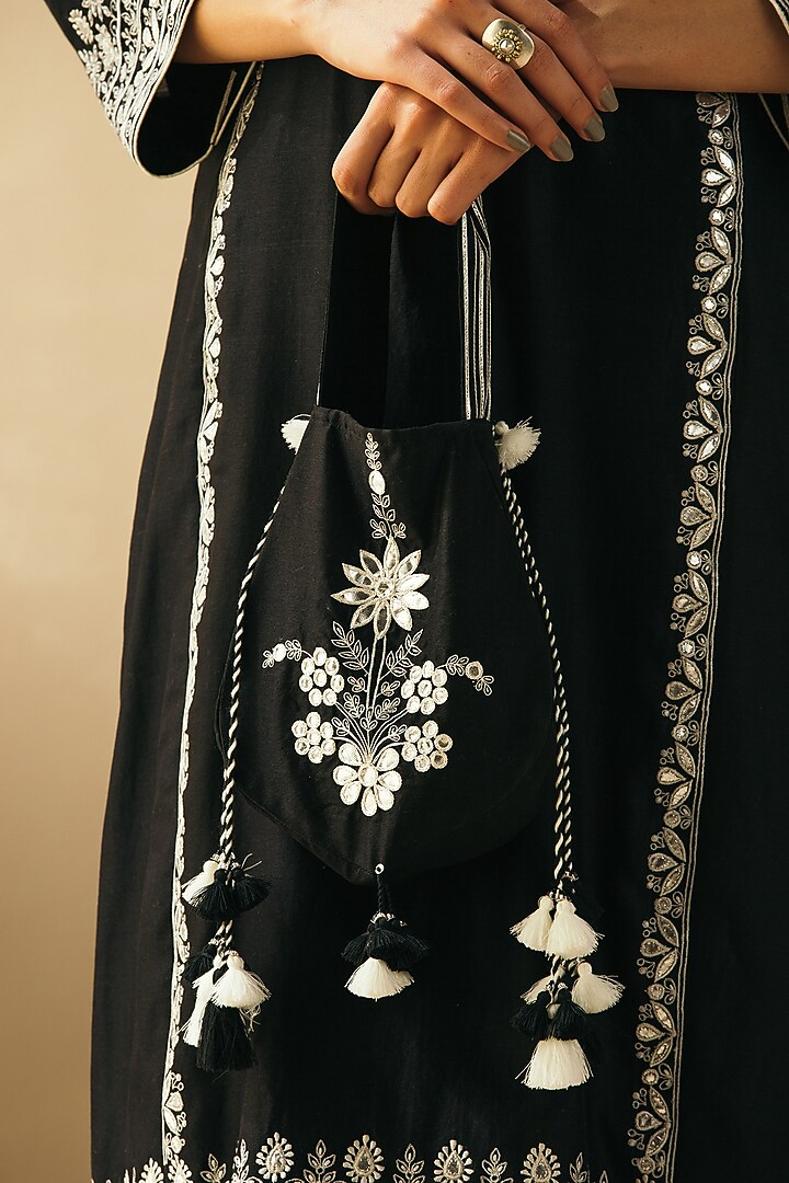 Midnight Black Silk Chanderi Embroidered Kurta Set by Sureena Chowdhri at Pernia's Pop Up Shop