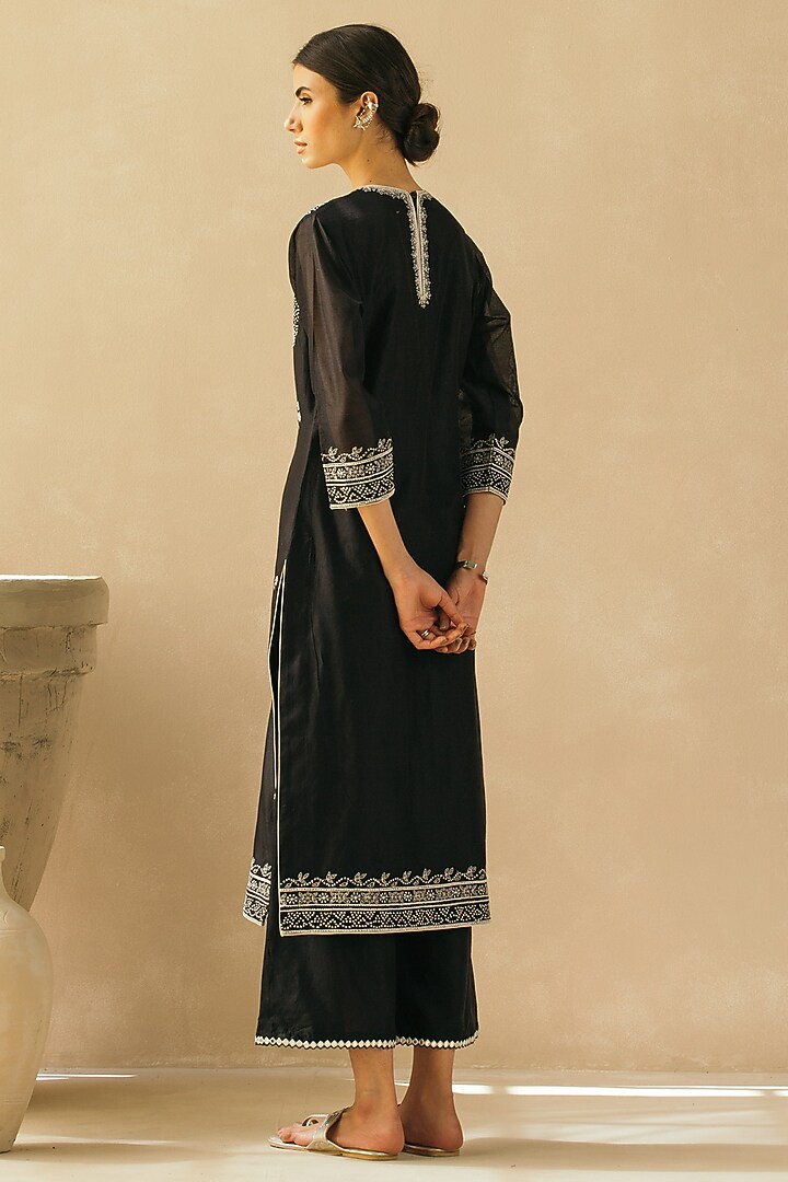 Midnight Black Silk Chanderi Embroidered Kurta Set by Sureena Chowdhri at Pernia's Pop Up Shop