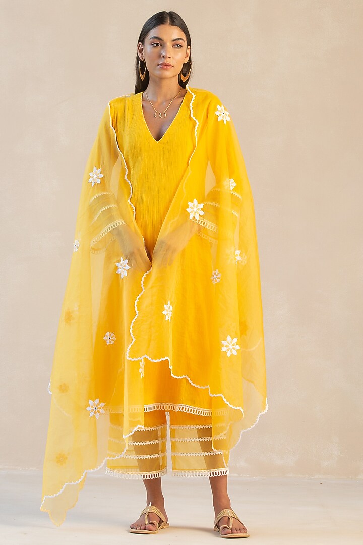 Sunshine Yellow Gauze Cotton Kurta Set by Sureena Chowdhri at Pernia's Pop Up Shop