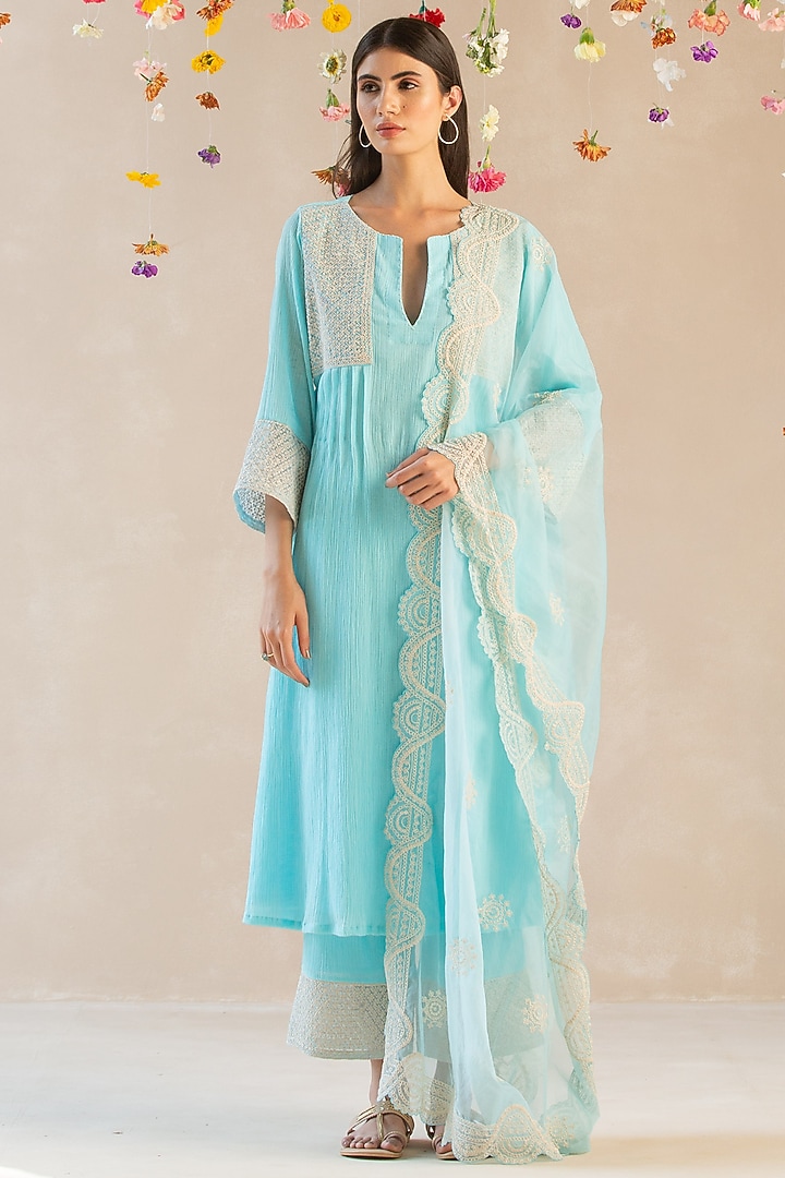 Ice Blu Gauze Cotton Embroidered Kurta Set by Sureena Chowdhri at Pernia's Pop Up Shop