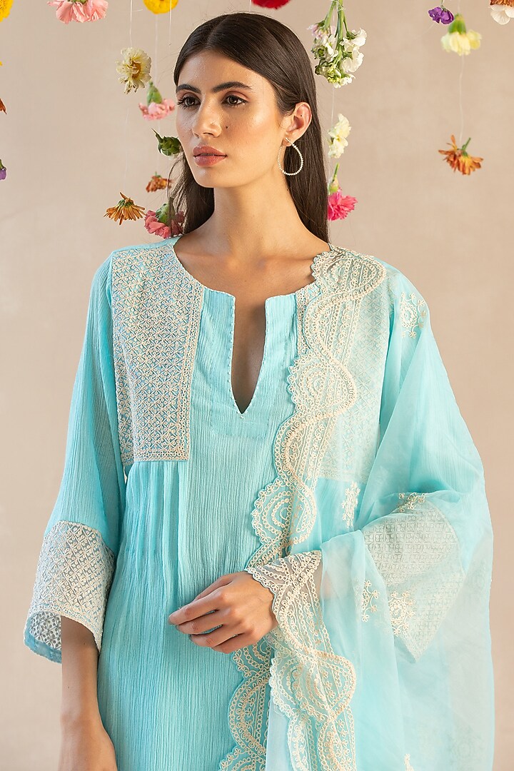 Ice Blu Gauze Cotton Embroidered Kurta Set by Sureena Chowdhri at Pernia's Pop Up Shop