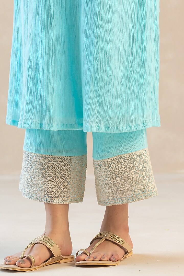 Ice Blu Gauze Cotton Embroidered Kurta Set by Sureena Chowdhri at Pernia's Pop Up Shop