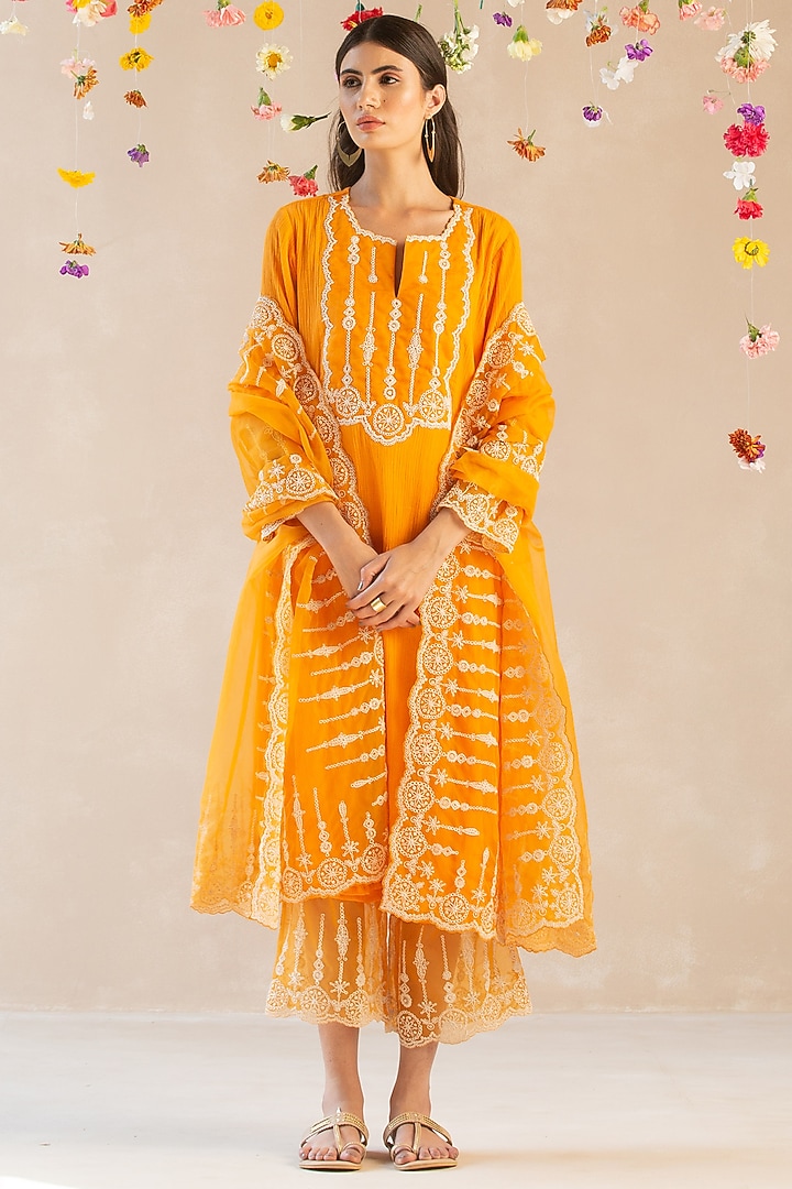 Tangerine Gauze Cotton Embroidered Kurta Set by Sureena Chowdhri at Pernia's Pop Up Shop