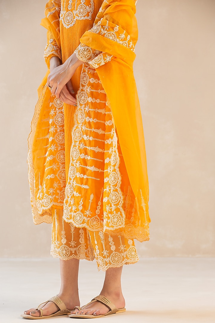 Tangerine Gauze Cotton Embroidered Kurta Set by Sureena Chowdhri at Pernia's Pop Up Shop