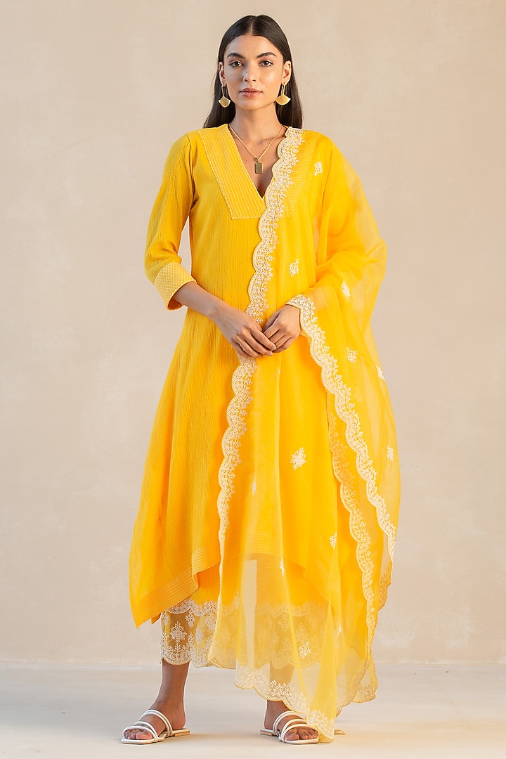 Sunshine Yellow Gauze Cotton Kurta Set by Sureena Chowdhri at Pernia's Pop Up Shop