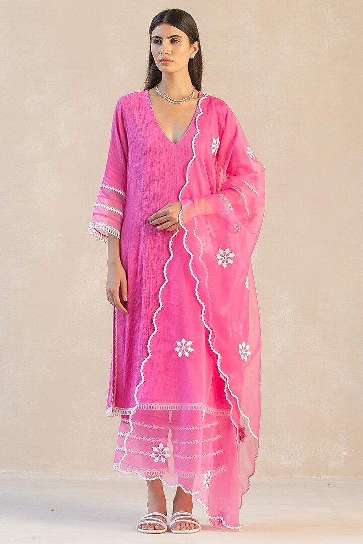 Fuchsia Pink Gauze Cotton Kurta Set by Sureena Chowdhri at Pernia's Pop Up Shop