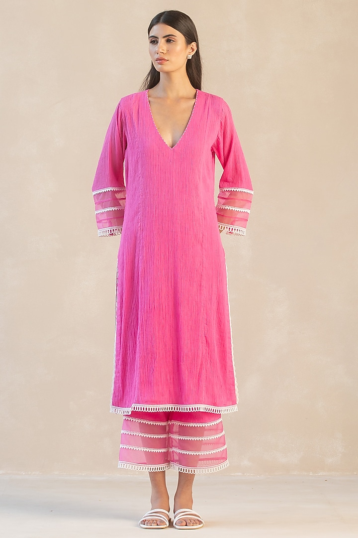 Fuchsia Pink Gauze Cotton Kurta Set by Sureena Chowdhri at Pernia's Pop Up Shop
