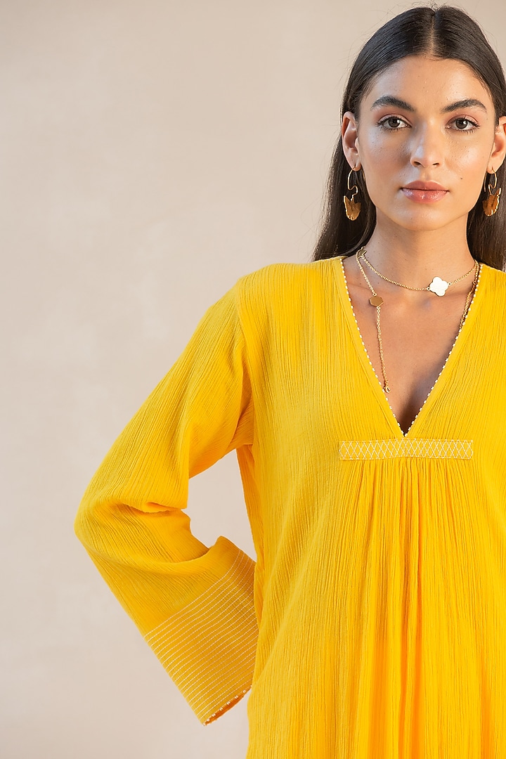 Sunshine Yellow Gauze Cotton Asymmetrical Kurta Set by Sureena Chowdhri at Pernia's Pop Up Shop