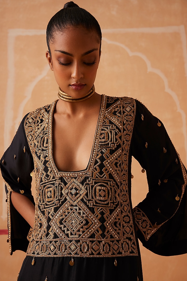 Black Pure Silk Zardosi Embroidered Kaftan by Sureena Chowdhri at Pernia's Pop Up Shop