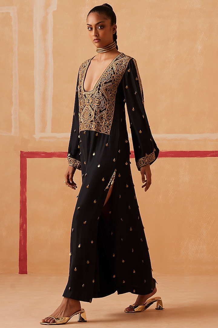 Black Pure Silk Zardosi Embroidered Kaftan by Sureena Chowdhri at Pernia's Pop Up Shop