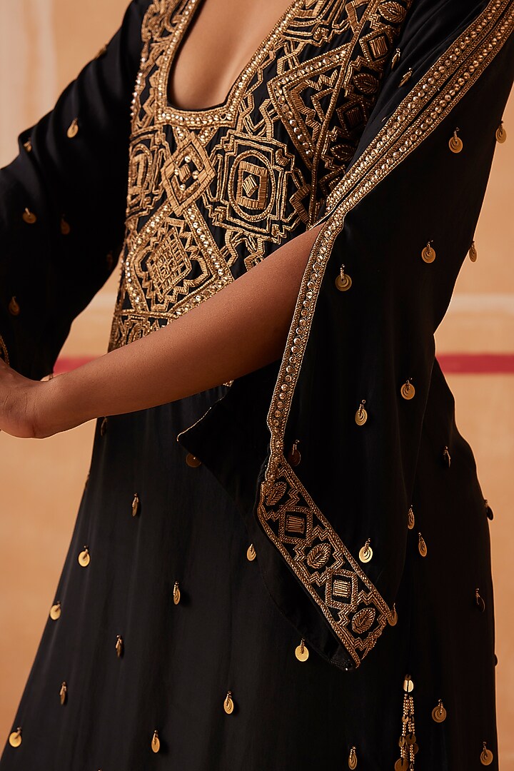 Black Pure Silk Zardosi Embroidered Kaftan by Sureena Chowdhri at Pernia's Pop Up Shop