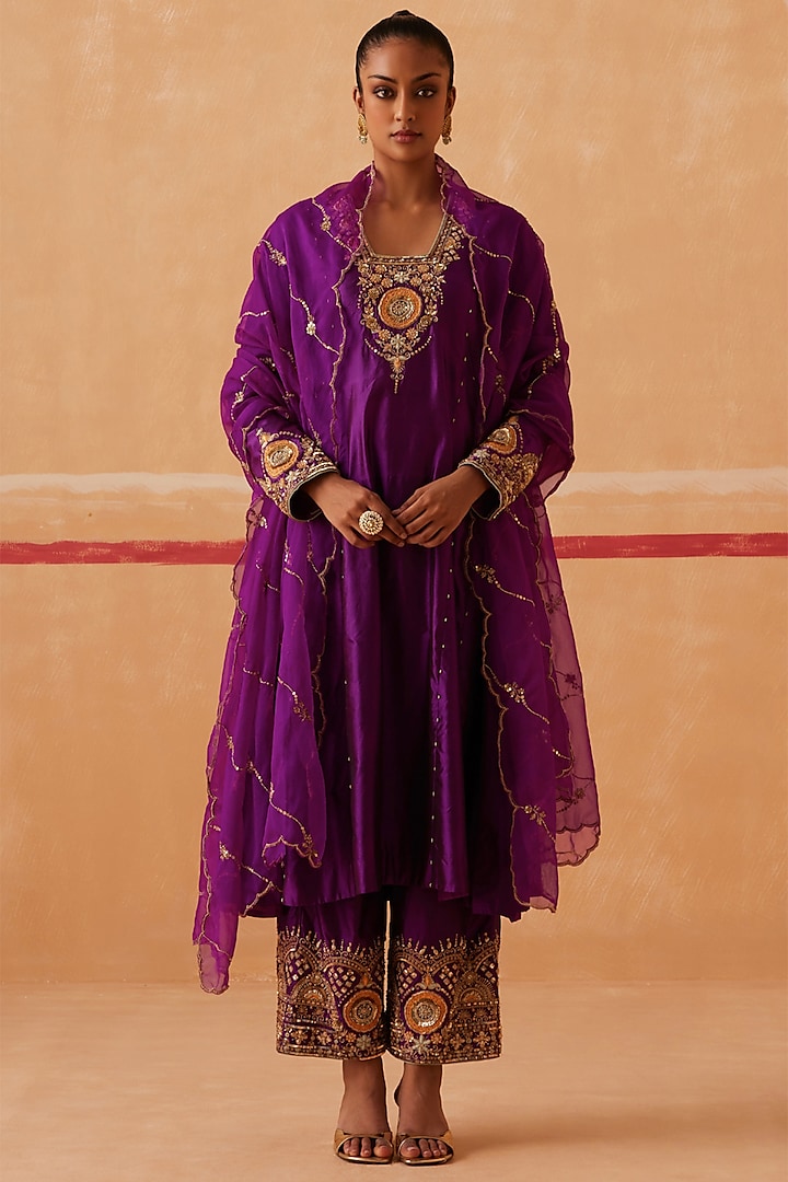 Plum Pure Silk Kurta Set by Sureena Chowdhri at Pernia's Pop Up Shop