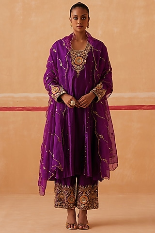 Plum Pure Silk Kurta Set by Sureena Chowdhri
