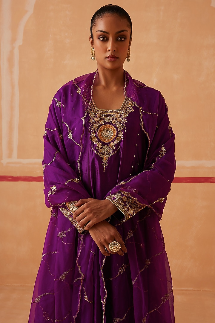 Plum Pure Silk Kurta Set by Sureena Chowdhri at Pernia's Pop Up Shop