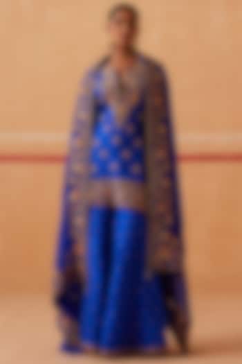 Ink Blue Pure Silk Hand Embroidered Gharara Set by Sureena Chowdhri