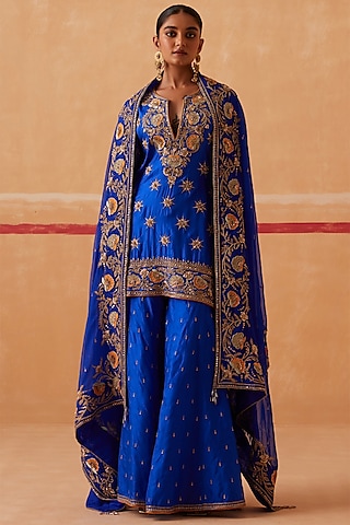 Ink Blue Pure Silk Hand Embroidered Gharara Set by Sureena Chowdhri