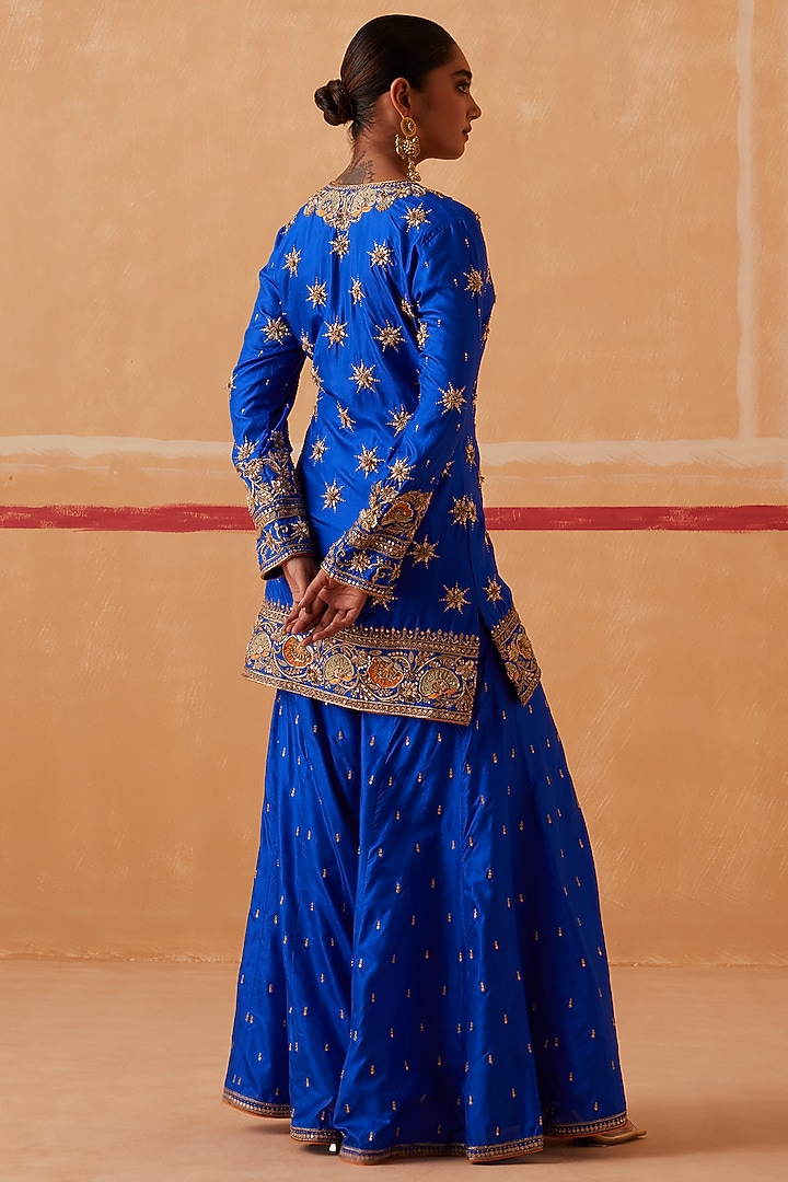 Ink Blue Pure Silk Hand Embroidered Gharara Set by Sureena Chowdhri at Pernia's Pop Up Shop