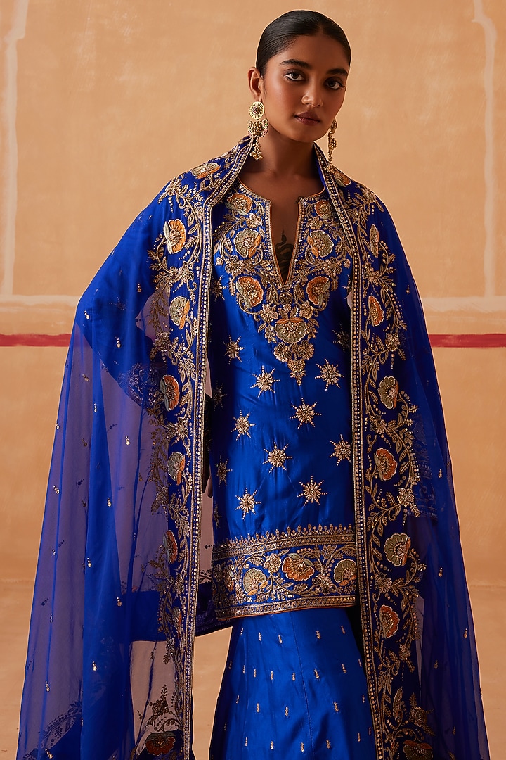 Ink Blue Pure Silk Hand Embroidered Gharara Set by Sureena Chowdhri at Pernia's Pop Up Shop