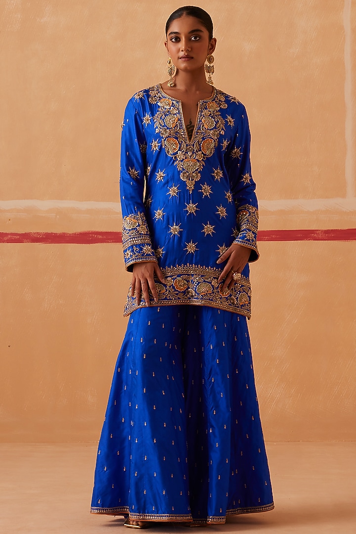 Ink Blue Pure Silk Hand Embroidered Gharara Set by Sureena Chowdhri at Pernia's Pop Up Shop