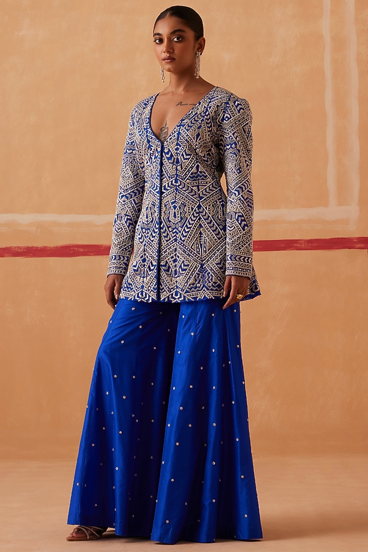 Ink Blue Organza Hand Embroidered Jacket Set by Sureena Chowdhri at Pernia's Pop Up Shop