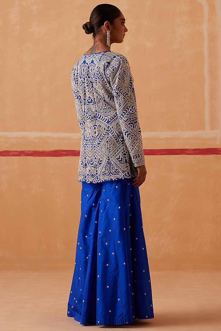 Ink Blue Organza Hand Embroidered Jacket Set by Sureena Chowdhri at Pernia's Pop Up Shop