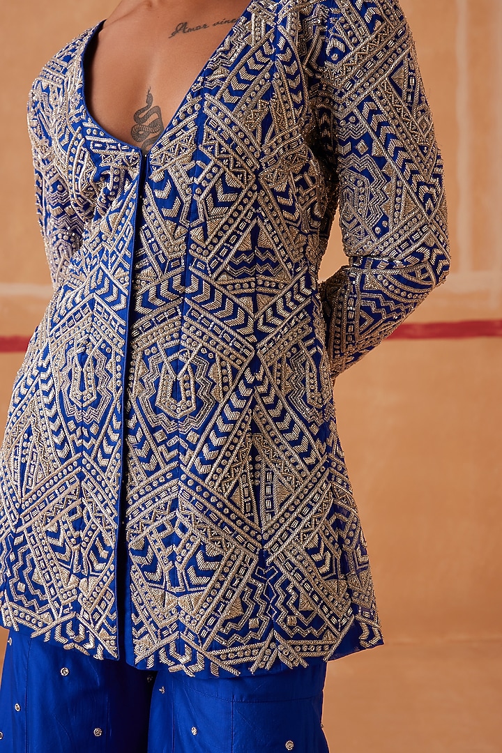 Ink Blue Organza Hand Embroidered Jacket Set by Sureena Chowdhri at Pernia's Pop Up Shop