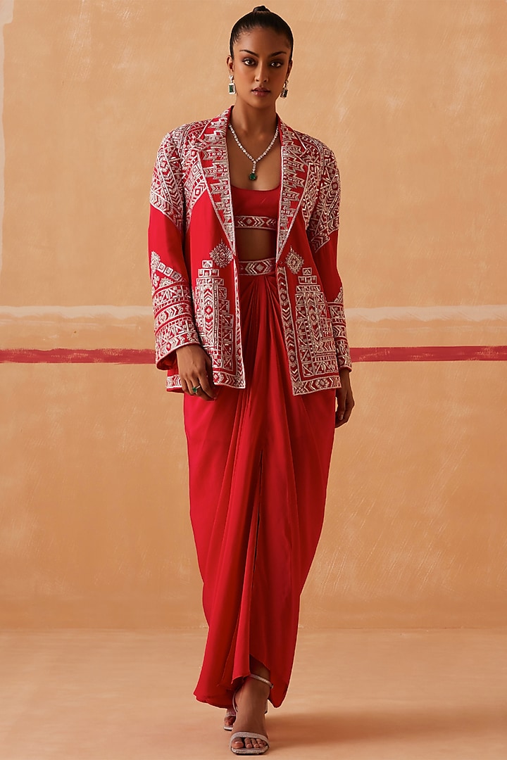 Red Habutai Silk Hand Embroidered Jacket Set by Sureena Chowdhri at Pernia's Pop Up Shop