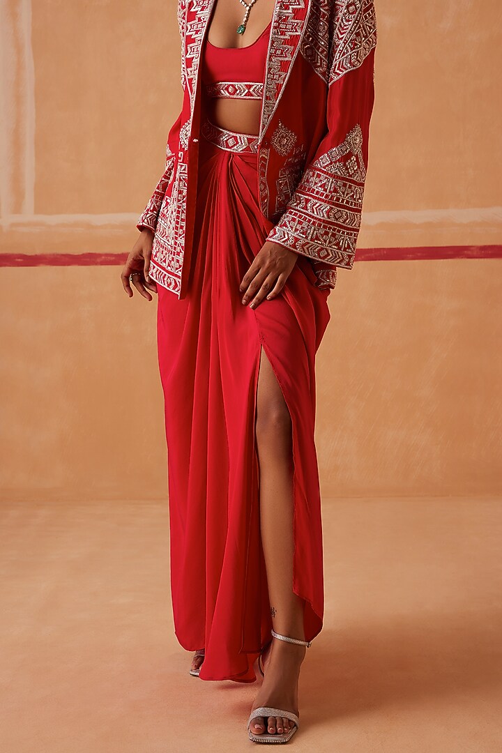 Red Habutai Silk Hand Embroidered Jacket Set by Sureena Chowdhri at Pernia's Pop Up Shop
