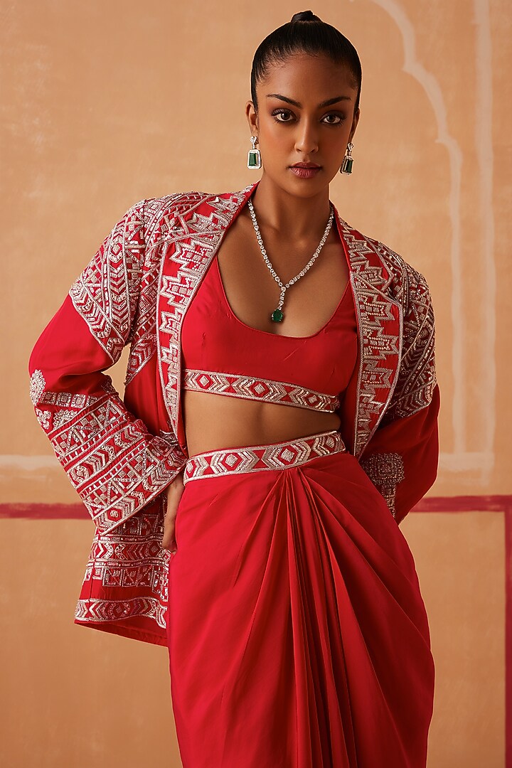 Red Habutai Silk Hand Embroidered Jacket Set by Sureena Chowdhri at Pernia's Pop Up Shop