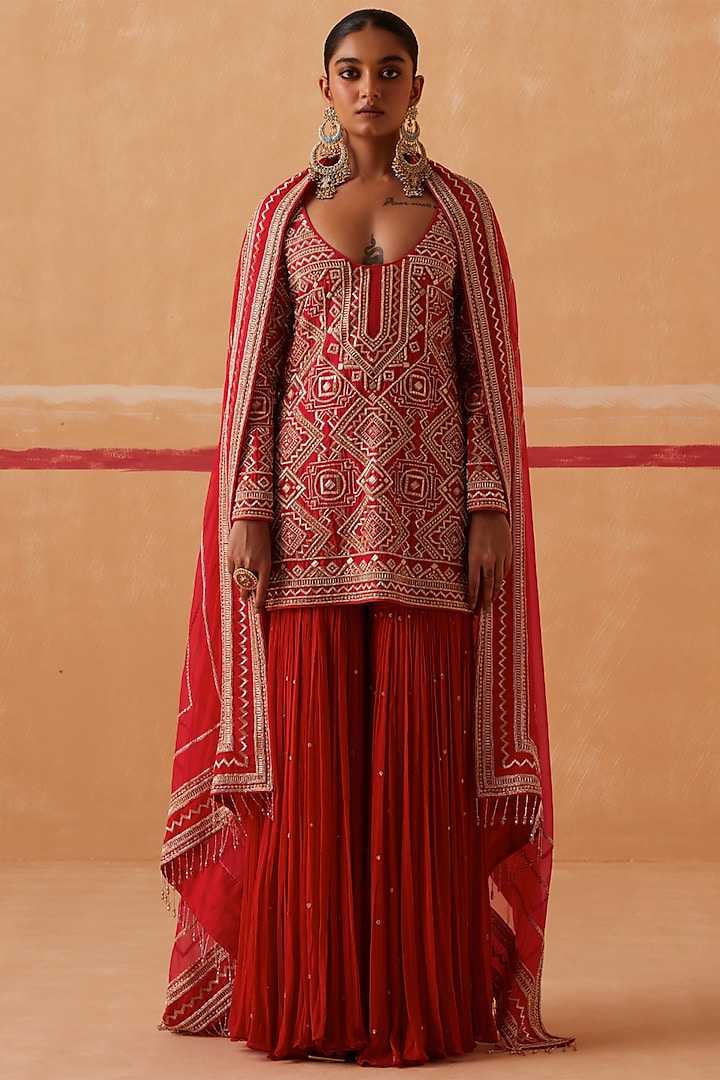 Red Georgette Embroidered Sharara Set by Sureena Chowdhri