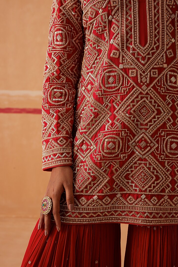 Red Georgette Embroidered Wedding Sharara Set by Sureena Chowdhri at Pernia's Pop Up Shop