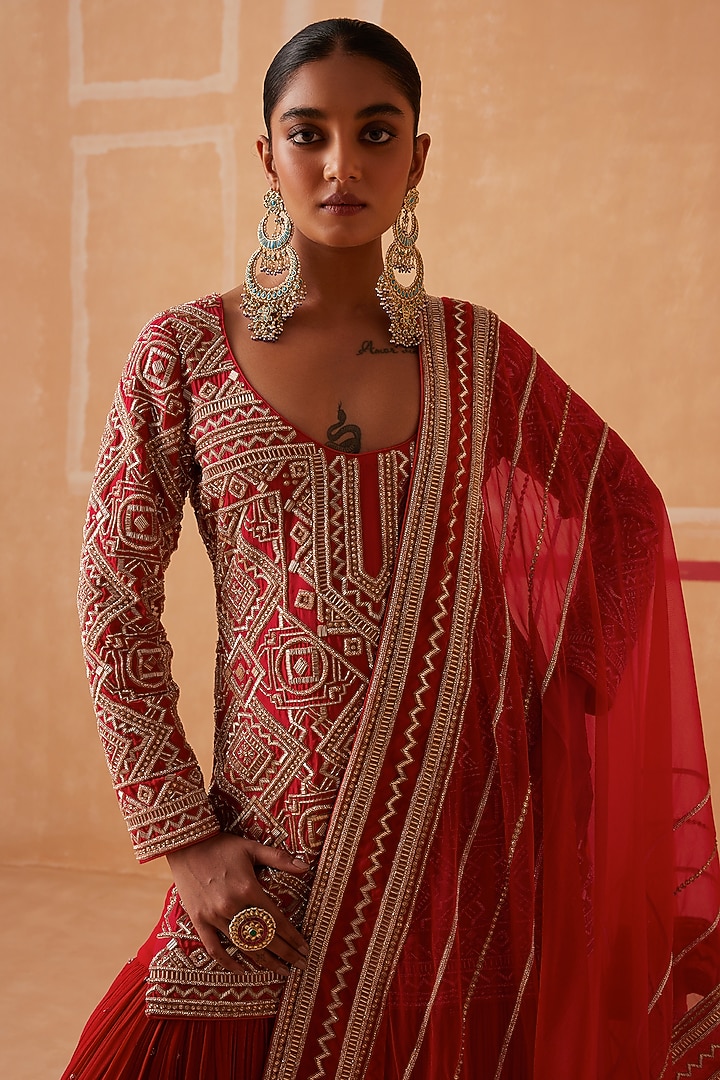 Red Georgette Embroidered Wedding Sharara Set by Sureena Chowdhri at Pernia's Pop Up Shop