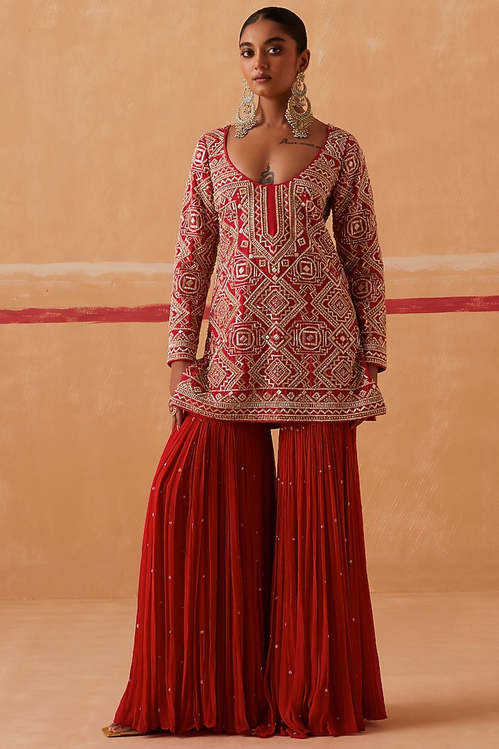 Red Georgette Embroidered Wedding Sharara Set by Sureena Chowdhri at Pernia's Pop Up Shop