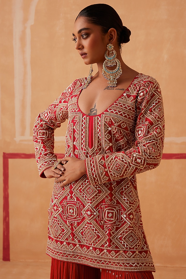 Red Georgette Embroidered Wedding Sharara Set by Sureena Chowdhri at Pernia's Pop Up Shop