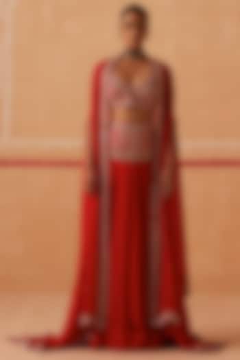 Red Georgette Embroidered Lehenga Set by Sureena Chowdhri