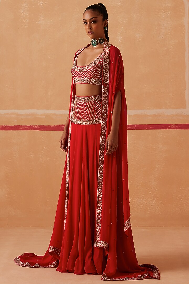 Red Georgette Embroidered Wedding Lehenga Set by Sureena Chowdhri at Pernia's Pop Up Shop