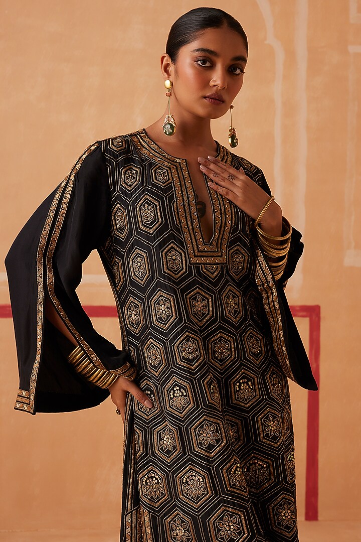 Black Muslin Embroidered Kaftan by Sureena Chowdhri at Pernia's Pop Up Shop