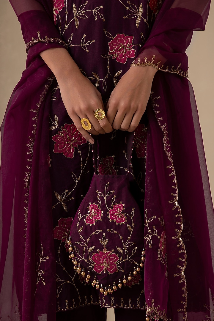 Wine Silk Chanderi Embroidered Kurta Set by Sureena Chowdhri at Pernia's Pop Up Shop