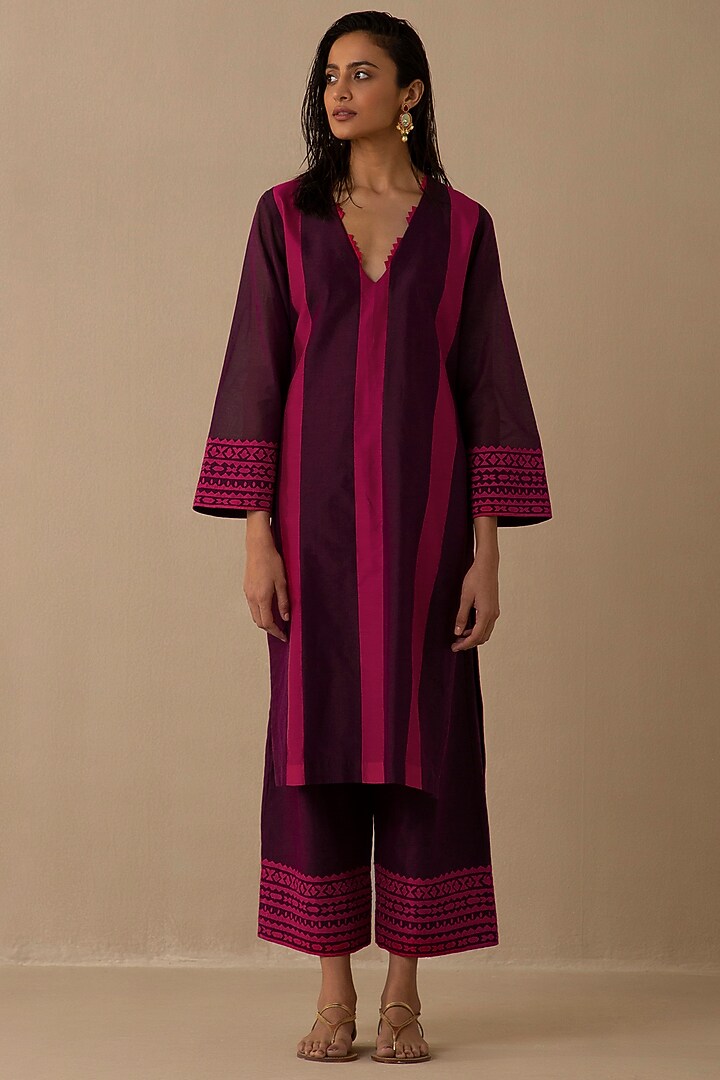 Wine & Crimson Magenta Silk Chanderi Kurta Set by Sureena Chowdhri at Pernia's Pop Up Shop