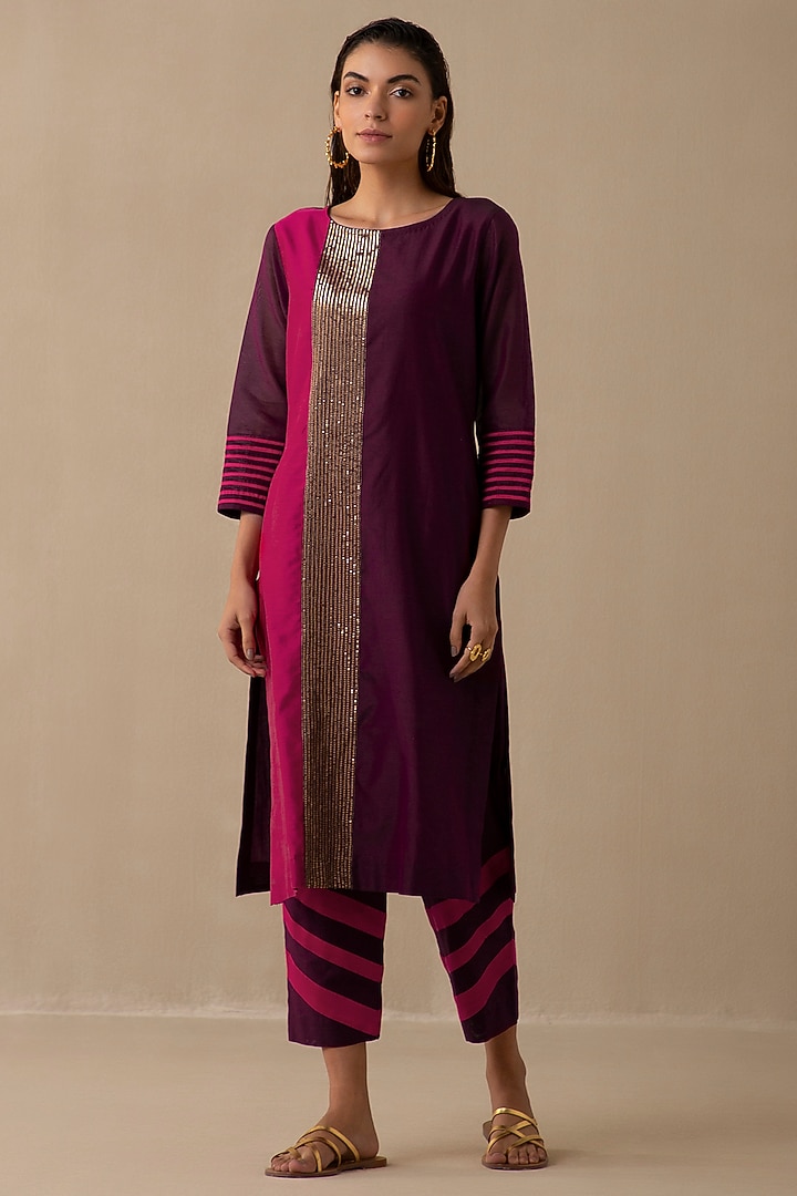 Wine & Crimson Magenta Silk Chanderi Kurta Set by Sureena Chowdhri at Pernia's Pop Up Shop