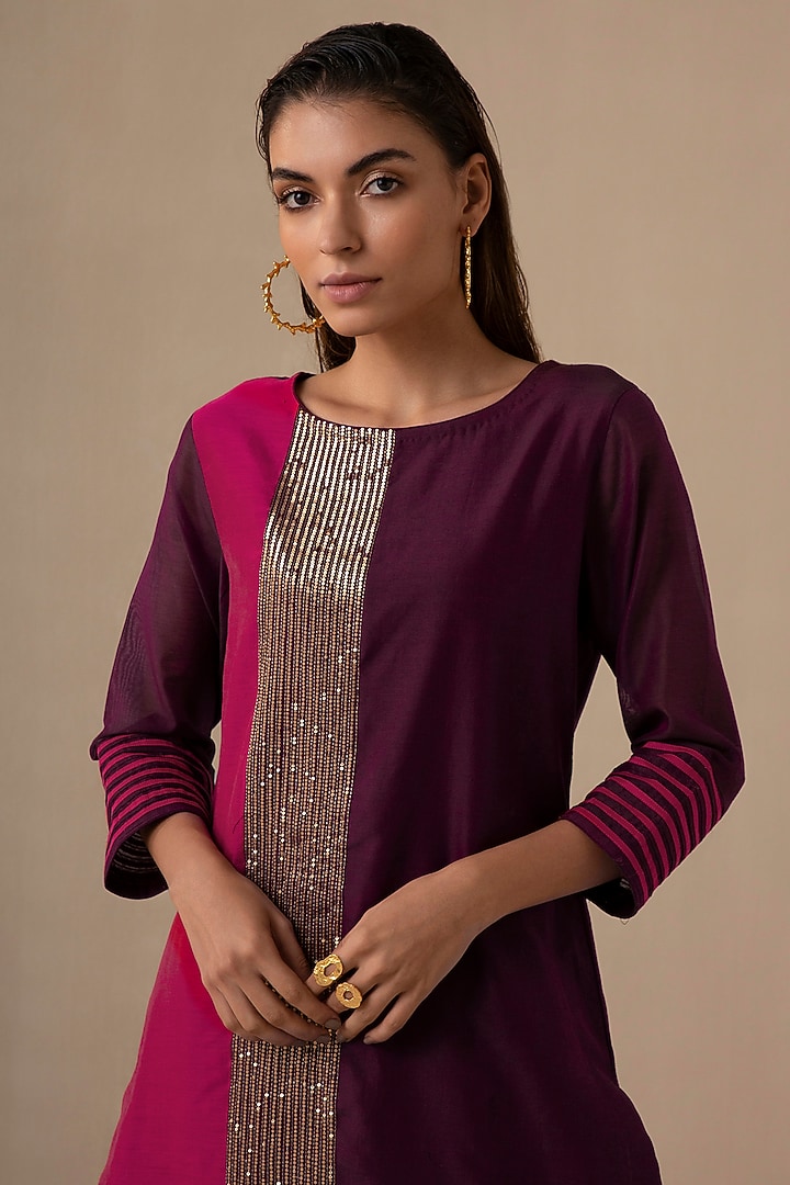 Wine & Crimson Magenta Silk Chanderi Kurta Set by Sureena Chowdhri at Pernia's Pop Up Shop