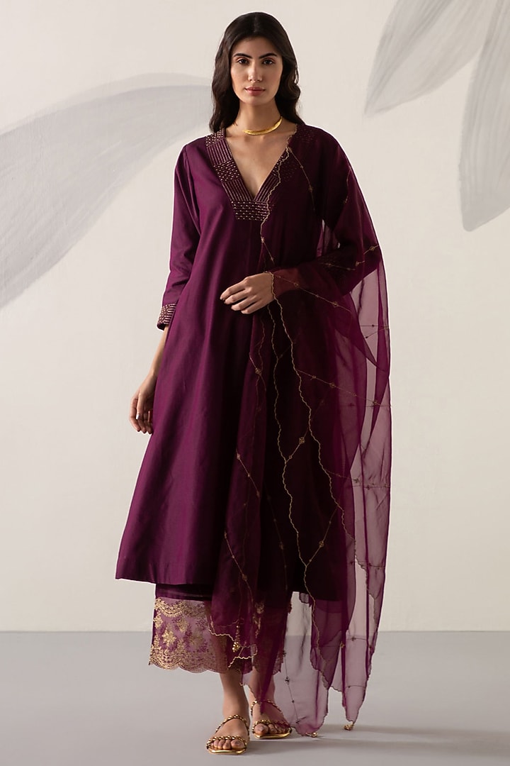 Wine Silk Chanderi Embroidered A-line Kurta Set by Sureena Chowdhri at Pernia's Pop Up Shop