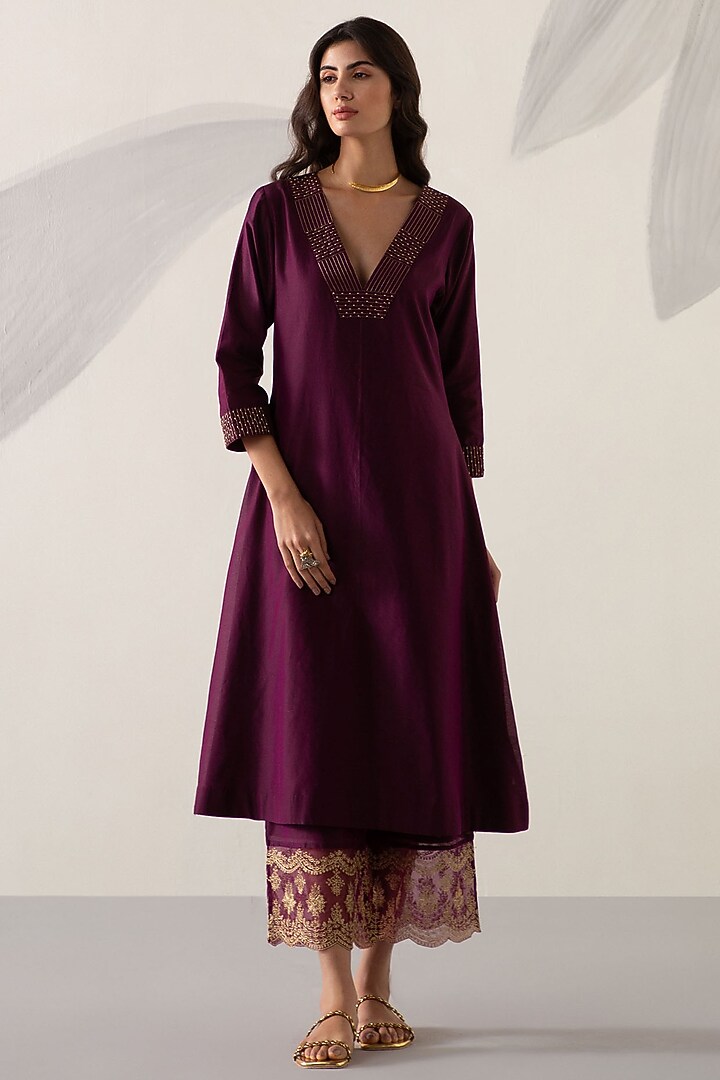 Wine Silk Chanderi Embroidered A-line Kurta Set by Sureena Chowdhri at Pernia's Pop Up Shop